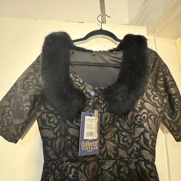 Collectif Black and Gold Juliette Jacquard Pencil Dress - Picture 8 of 11